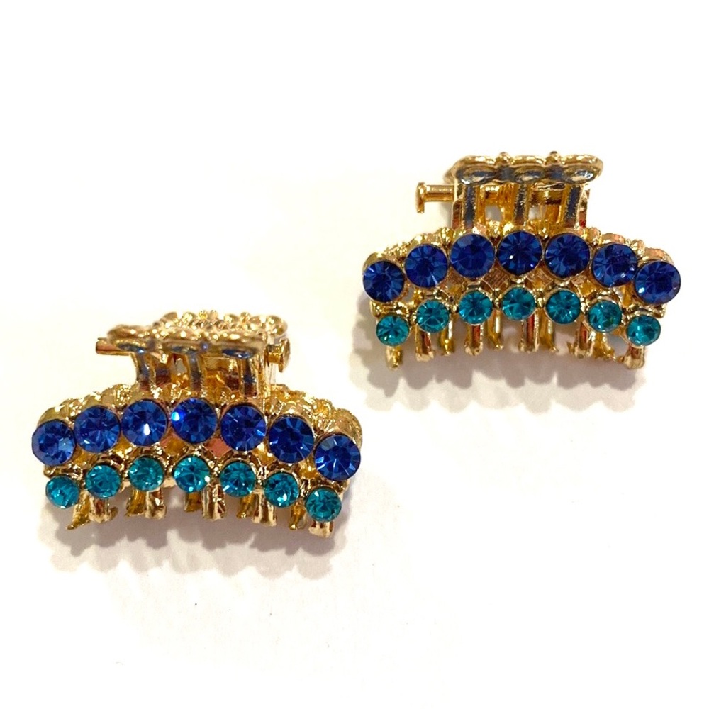 Jaw Clips Set Of 2 Gold Tone With Blue Rhinestones Mini Hair Claws